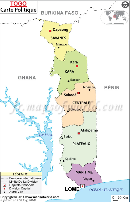 Carte qui reflète la géographie du Togo 
