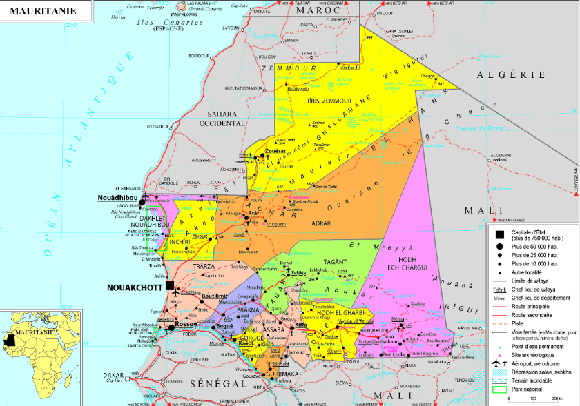 Carte de la Géographie de la Mauritanie: